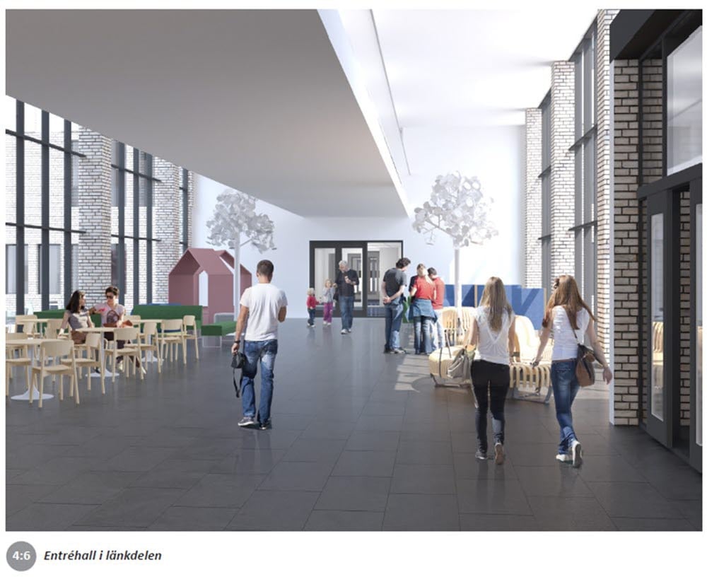 Visualisering av den nya entréhallen på Hudiksvalls sjukhus. 
