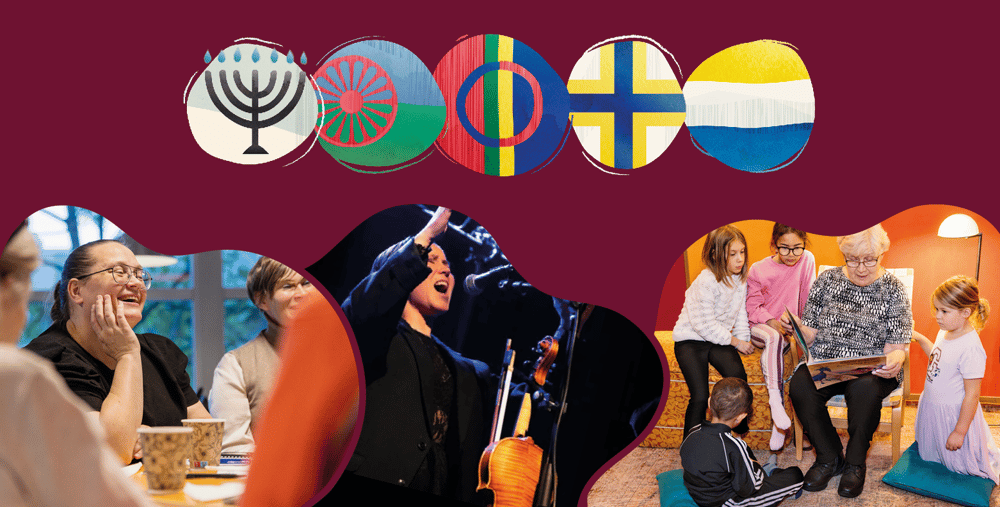 Ett collage av foton på människor vid ett bord, i ett bibliotek och en sångerska vid en konsert. 