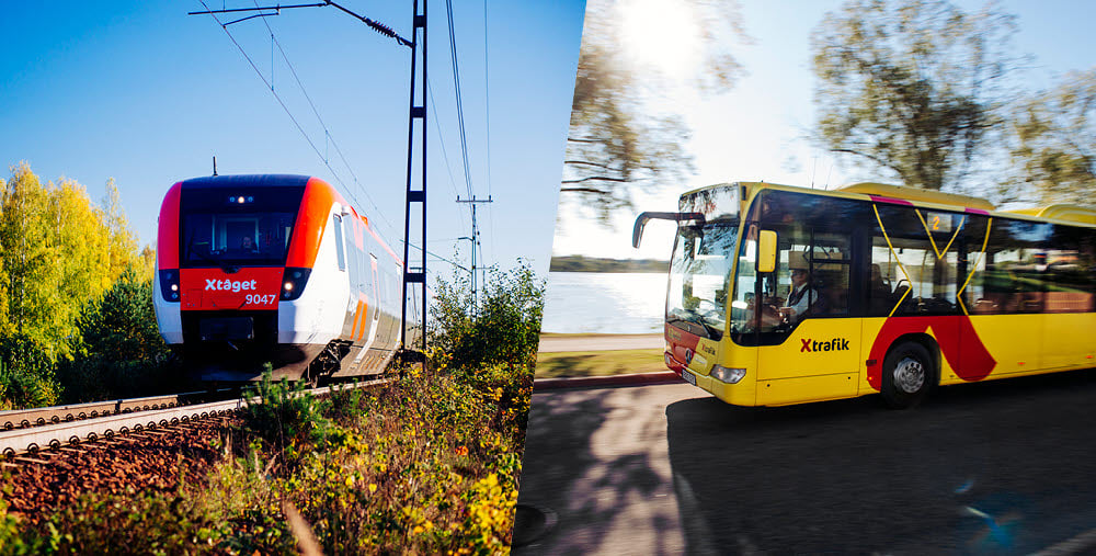 kollage på tåg och buss