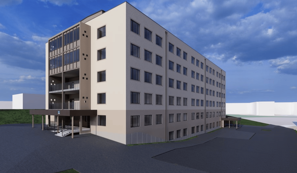 En arkitektrendering av hus 10 på Hudiksvalls sjukhus som det kommer att se ut efter ombyggnation. Byggnaden har fem våningar över mark. Fasaden är ljus och över entrén på kortsidan finns balkonger. 