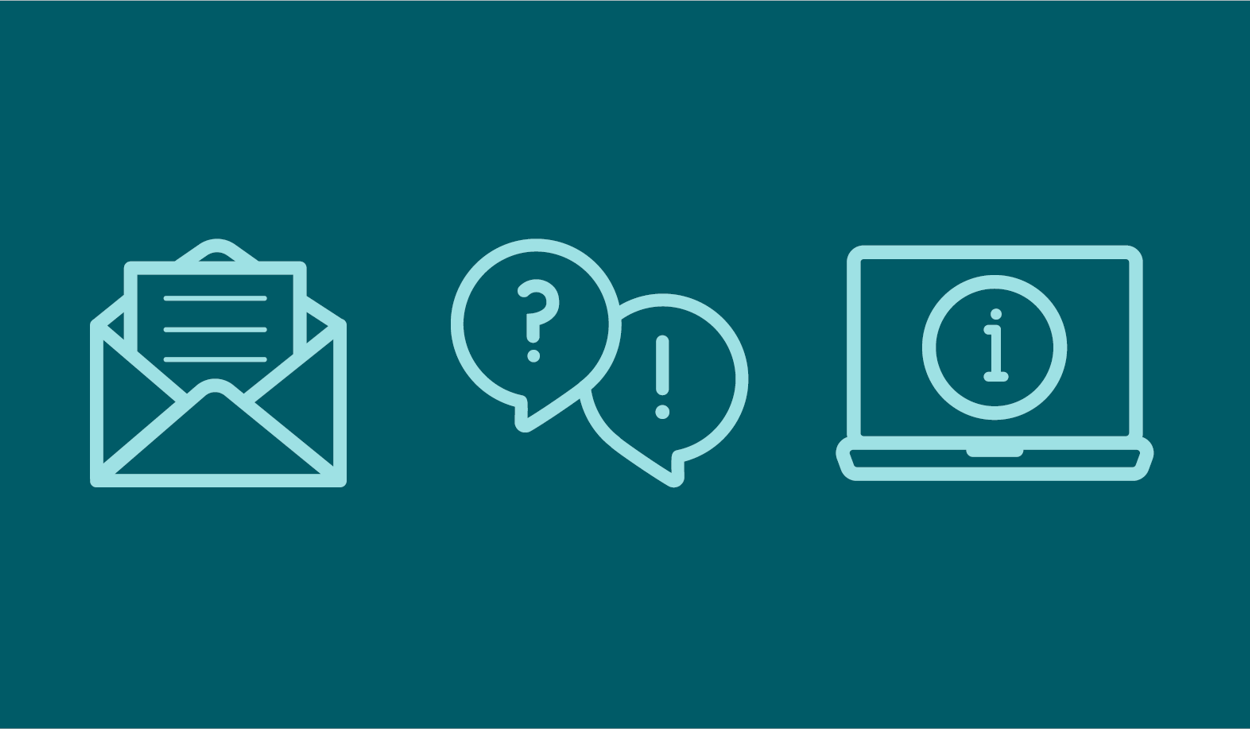 En mörk turkos bakgrund innehåller tre ikoner i ljusare turkos. ett brev i kuvert, informations bubblor samt en dator.