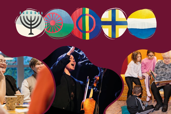Ett collage av foton på människor vid ett bord, i ett bibliotek och en sångerska vid en konsert. 