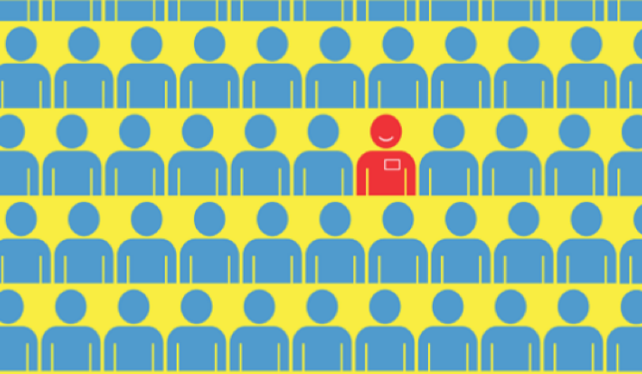 En röd personikon med namnbricka och leende ansikte sticker ut bland många blåa personikoner på gul bakgrund.